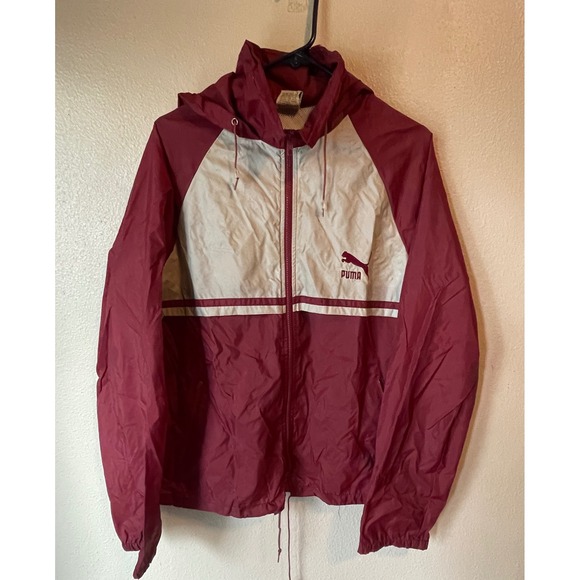 Vintage Puma Windbreaker Jacket Maroon Gray Full Zip Hooded Mens Medium - Picture 1 of 8